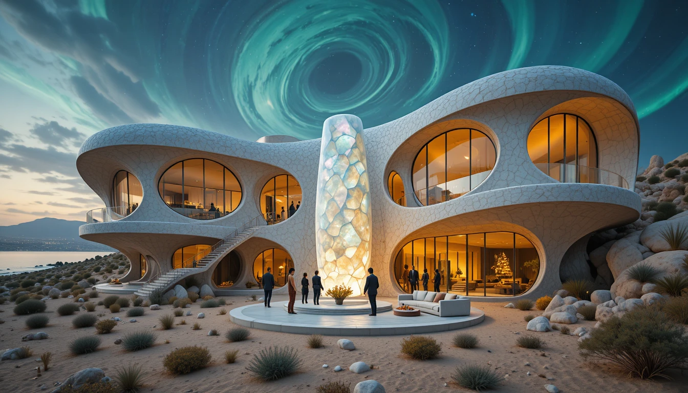 Edificio organico futuristico che emerge da un deserto tranquillo