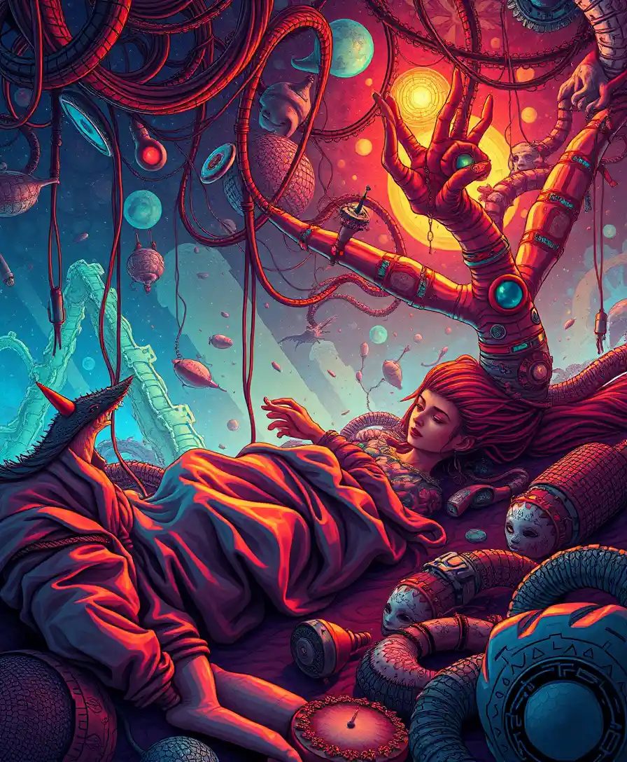 Verspielte pop-surrealistische Fantasieszene mit lebendigen Traumbildern