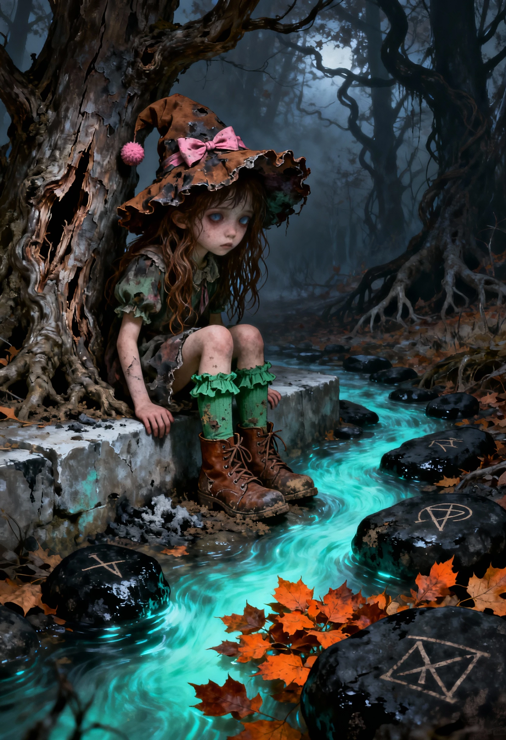Uncanny girl in cursed autumn forest at dusk