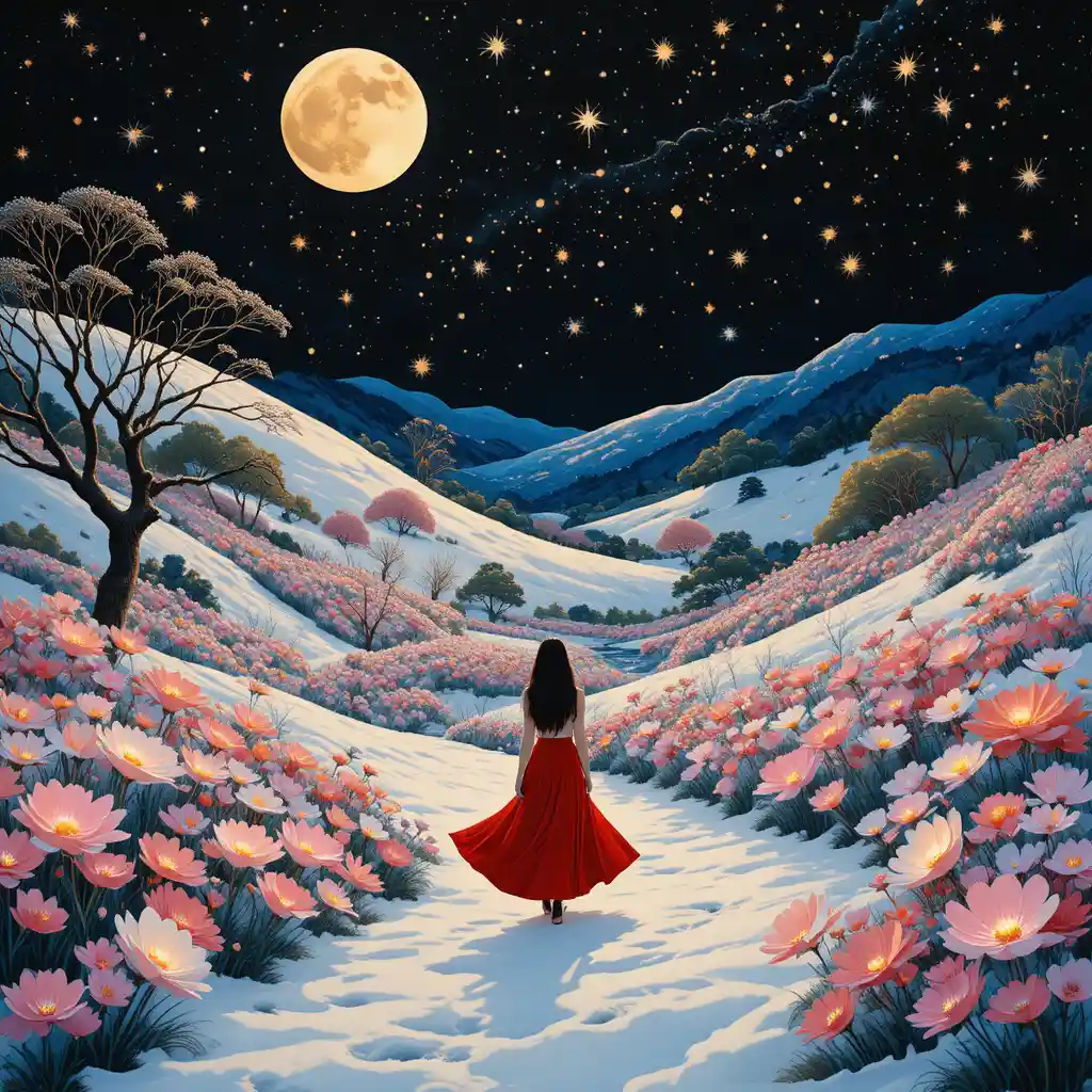 Girl In Red Dress Walking Through Snowy Chinese Garden