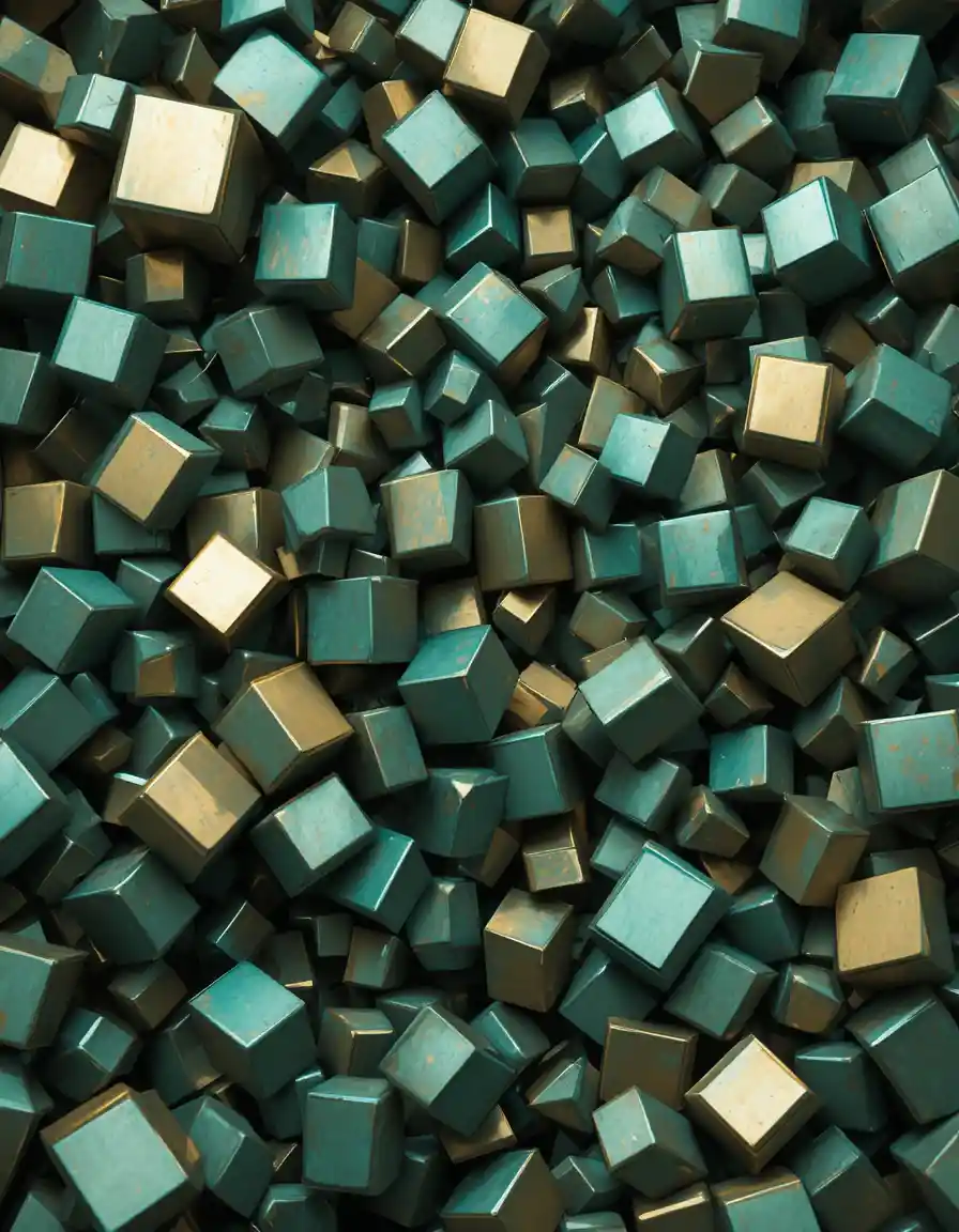 Claustrophobic tangle of metallic geometric forms in gold and green