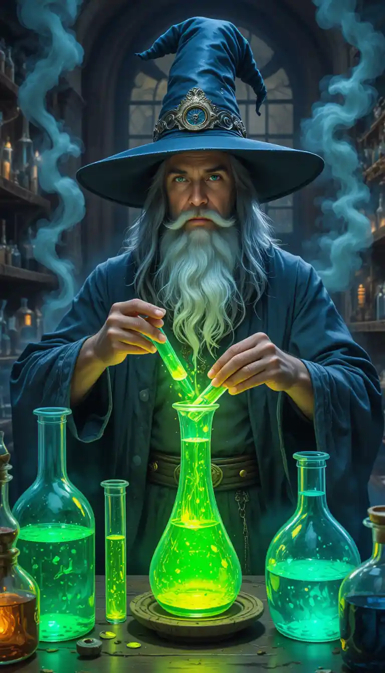 魔法薬を調合する魔法使いマーリンの研究室