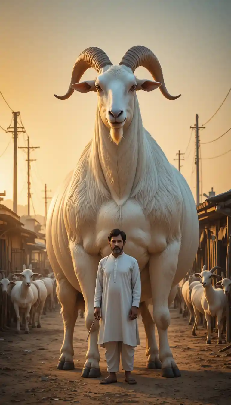Giant white goat towering over man in livestock market