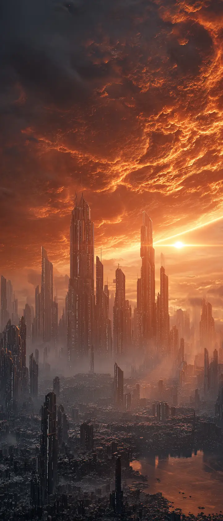 Futuristische Ruinenstadt mit fremdem Planeten und Sturmwolken