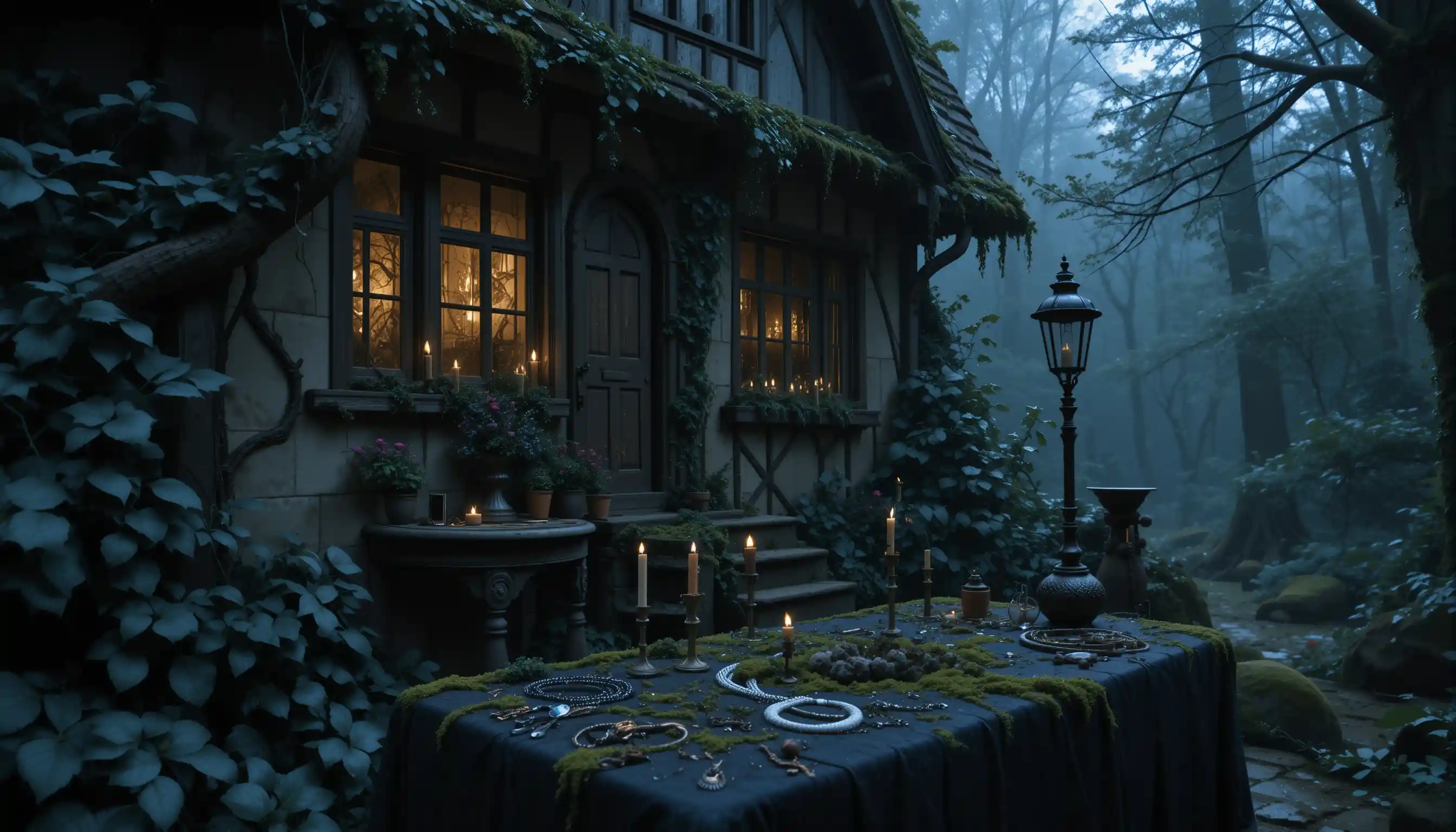 Cottage gotico nel bosco al crepuscolo con finestre illuminate da candele