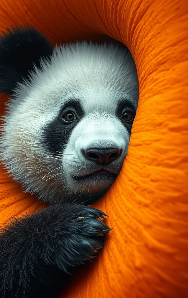 Panda em close-up espiando por um buraco em uma laranja