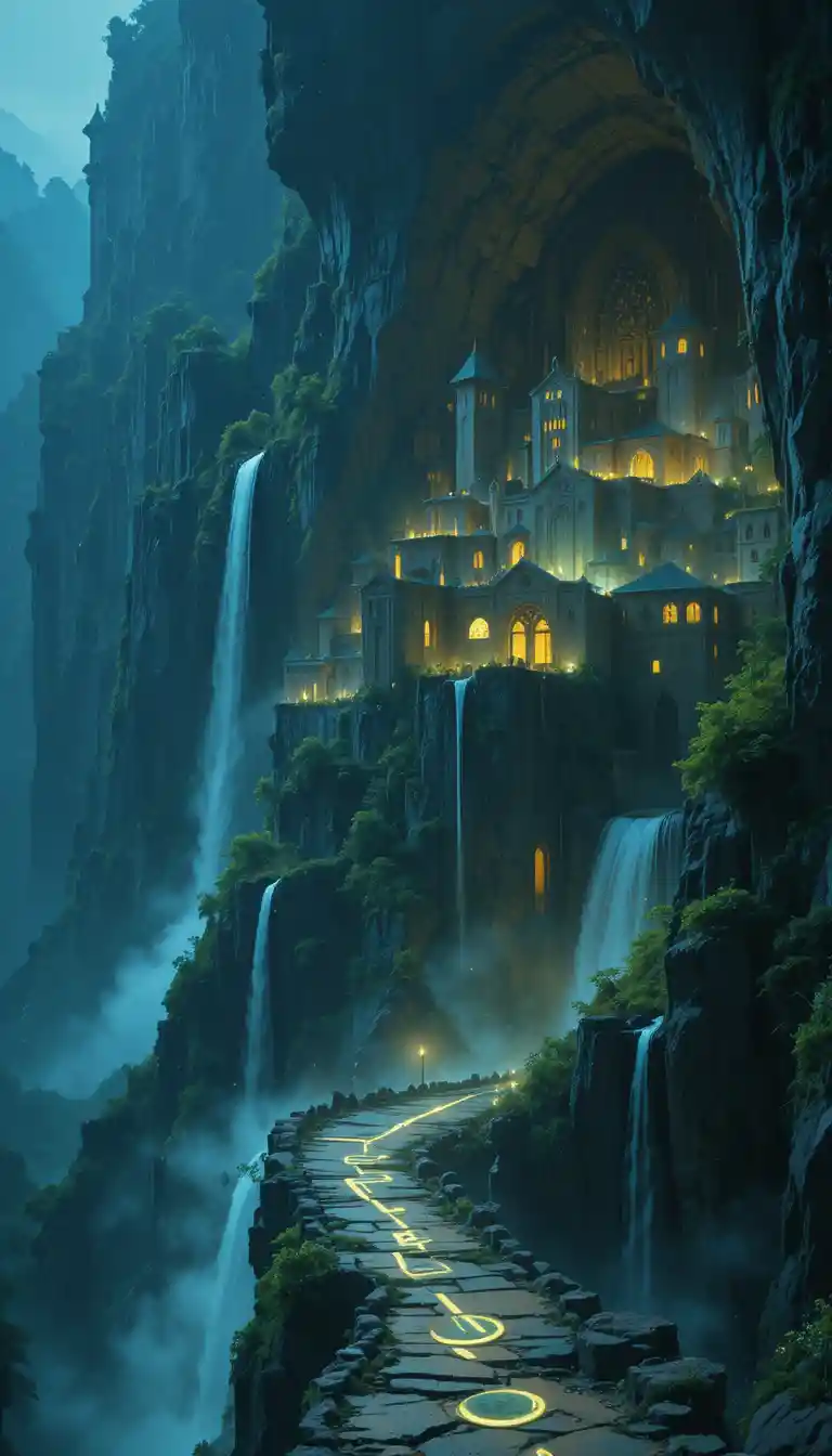 Uralte Fantasy-Stadt in eine gewaltige Bergklippe gemeißelt