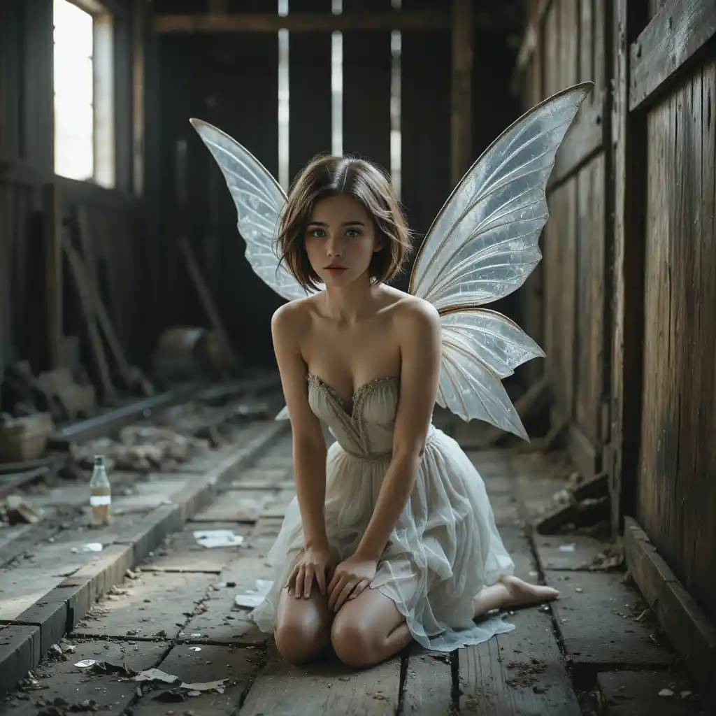 Crying faery girl kneeling on the floor of an old barn