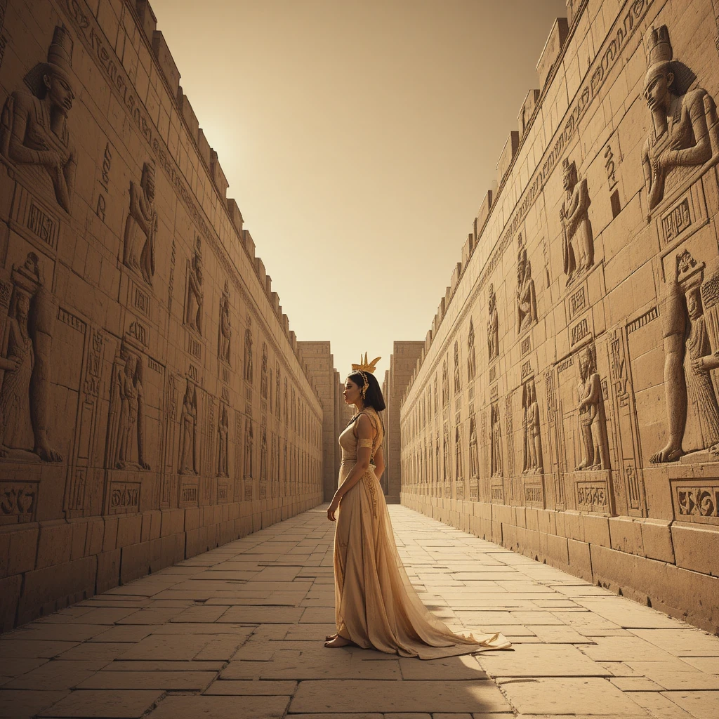 Ancient Egyptian corridor with regal woman in sacred passage
