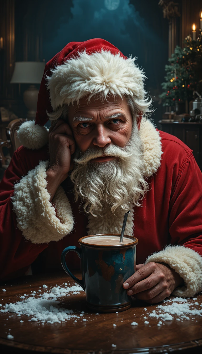 Weary Santa Claus Resting At A Table With Hot Chocolate