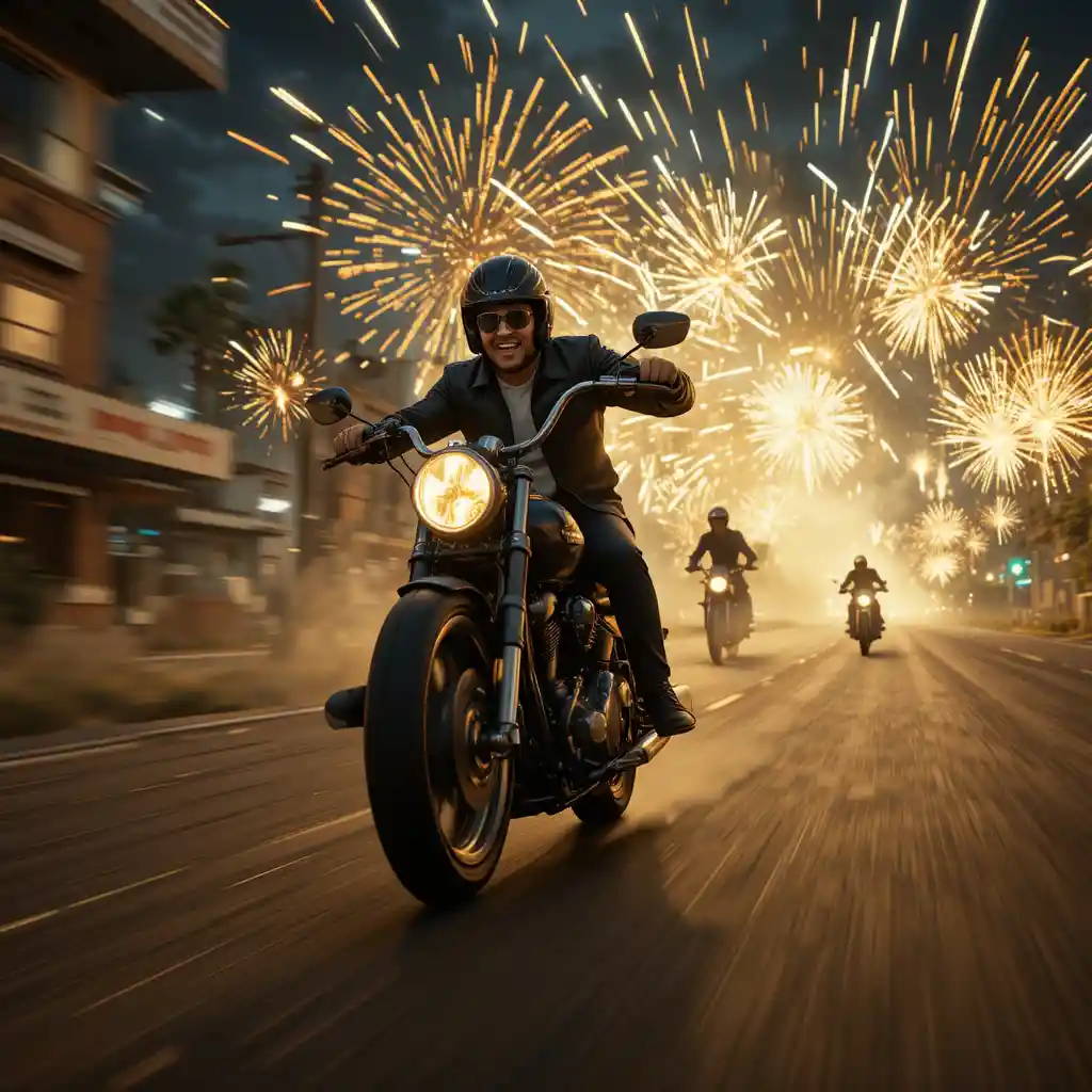 Biker che sfreccia tra le strade della città in un inseguimento cinematografico