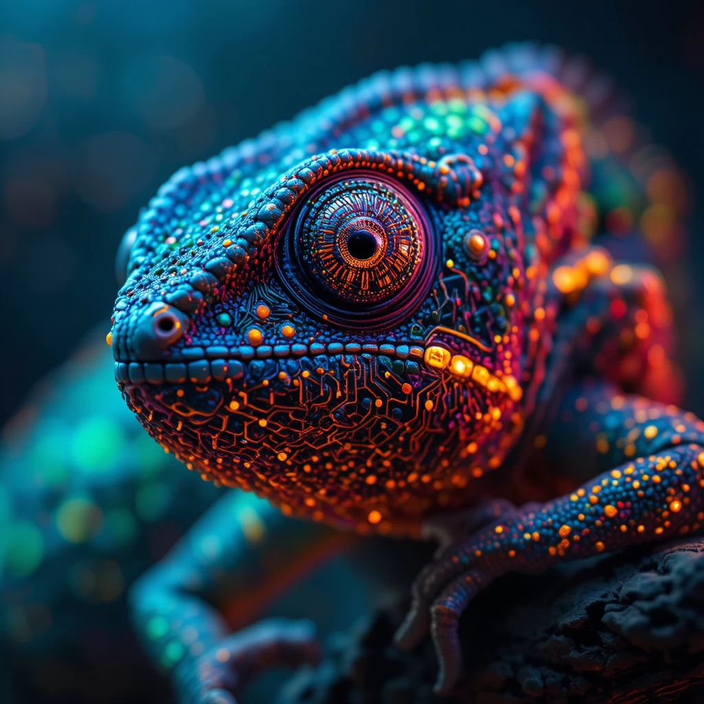Surreal Nahaufnahme eines chamäleons mit schaltkreismuster und LED-Augen