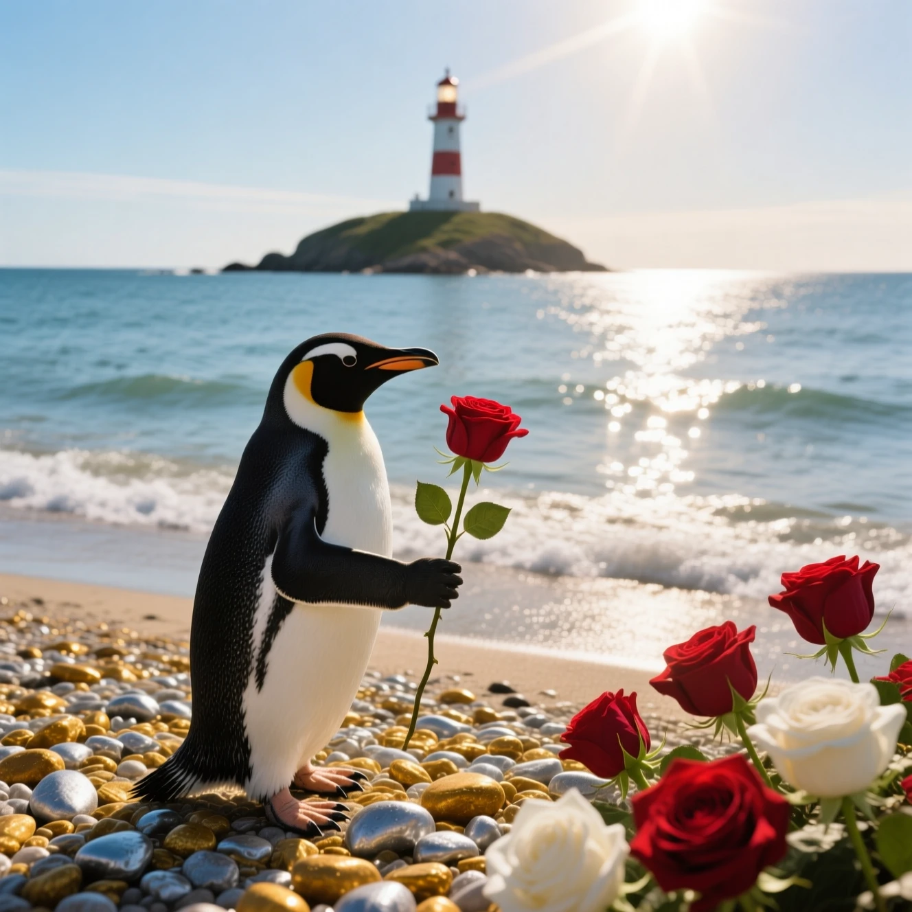 Pinguino che tiene una rosa rossa su una spiaggia di ciottoli sul mare