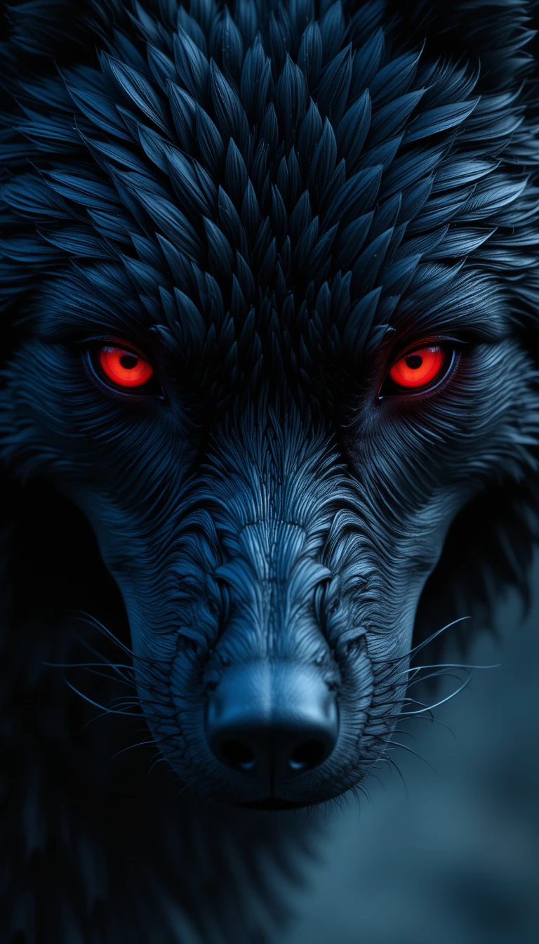 Close up of a feathered wolf face with glowing red eyes