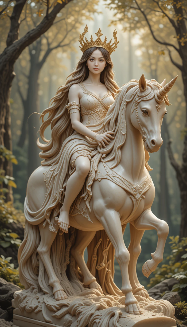 Donna di marmo che cavalca un unicorno in una foresta tranquilla