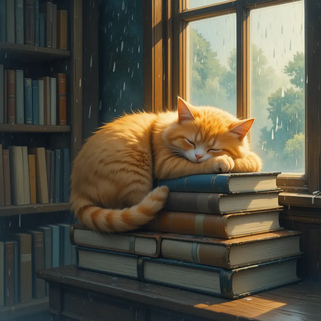 Gatto arancione che dorme su libri vintage accanto a una finestra piovosa