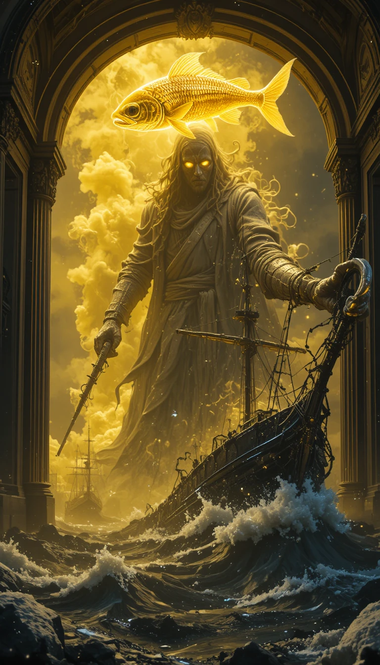 Pirate cyberpunk au bras bionique dans un portail baroque