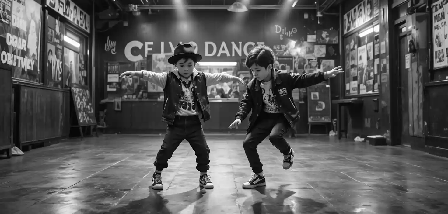 Young kids breakdancing in a black and white city scene