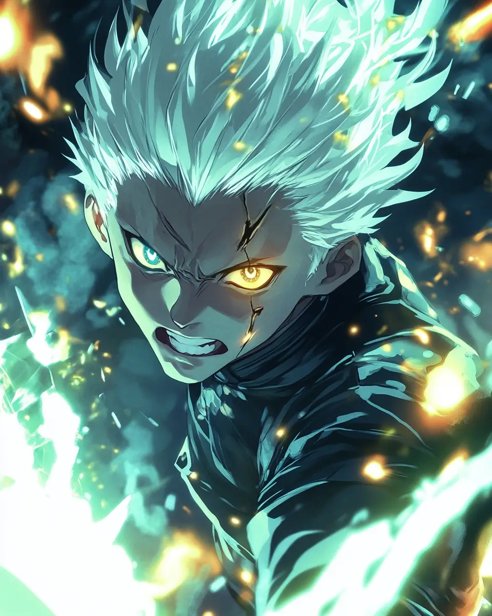 Sorcier d’anime à l’énergie dorée dans une lueur néon