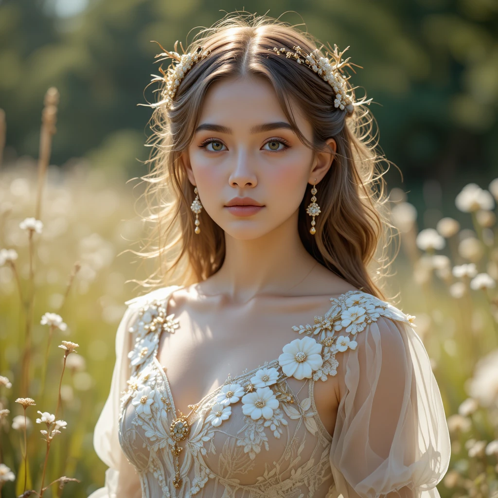 Jeune femme en robe ornée dans un champ baigné de soleil