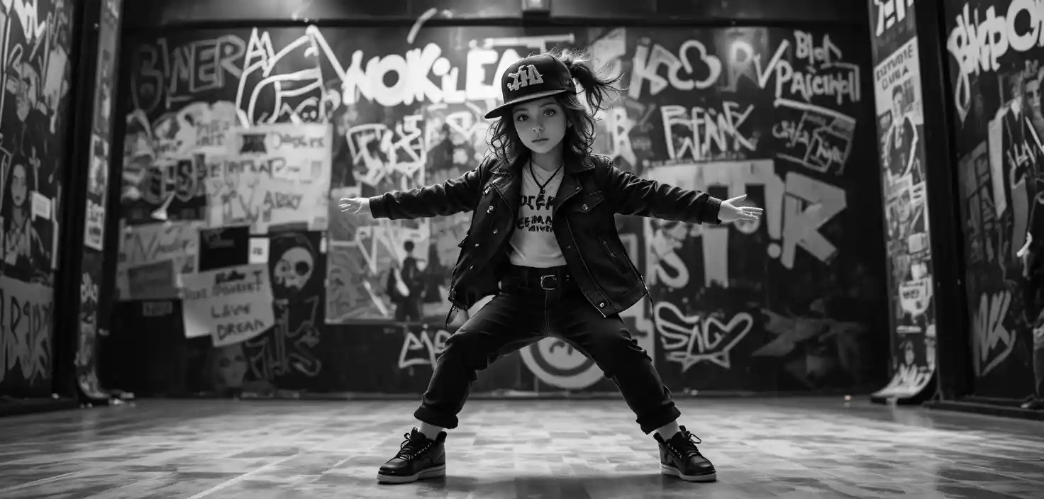 Young girl breakdancing in a black and white urban street