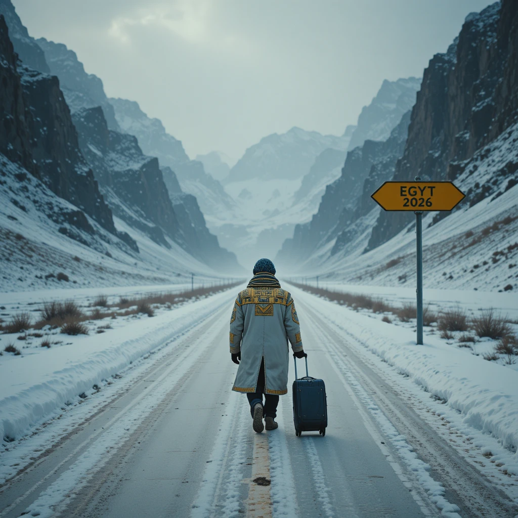Viaggiatore solitario su una strada di montagna innevata verso il lontano cartello Egitto