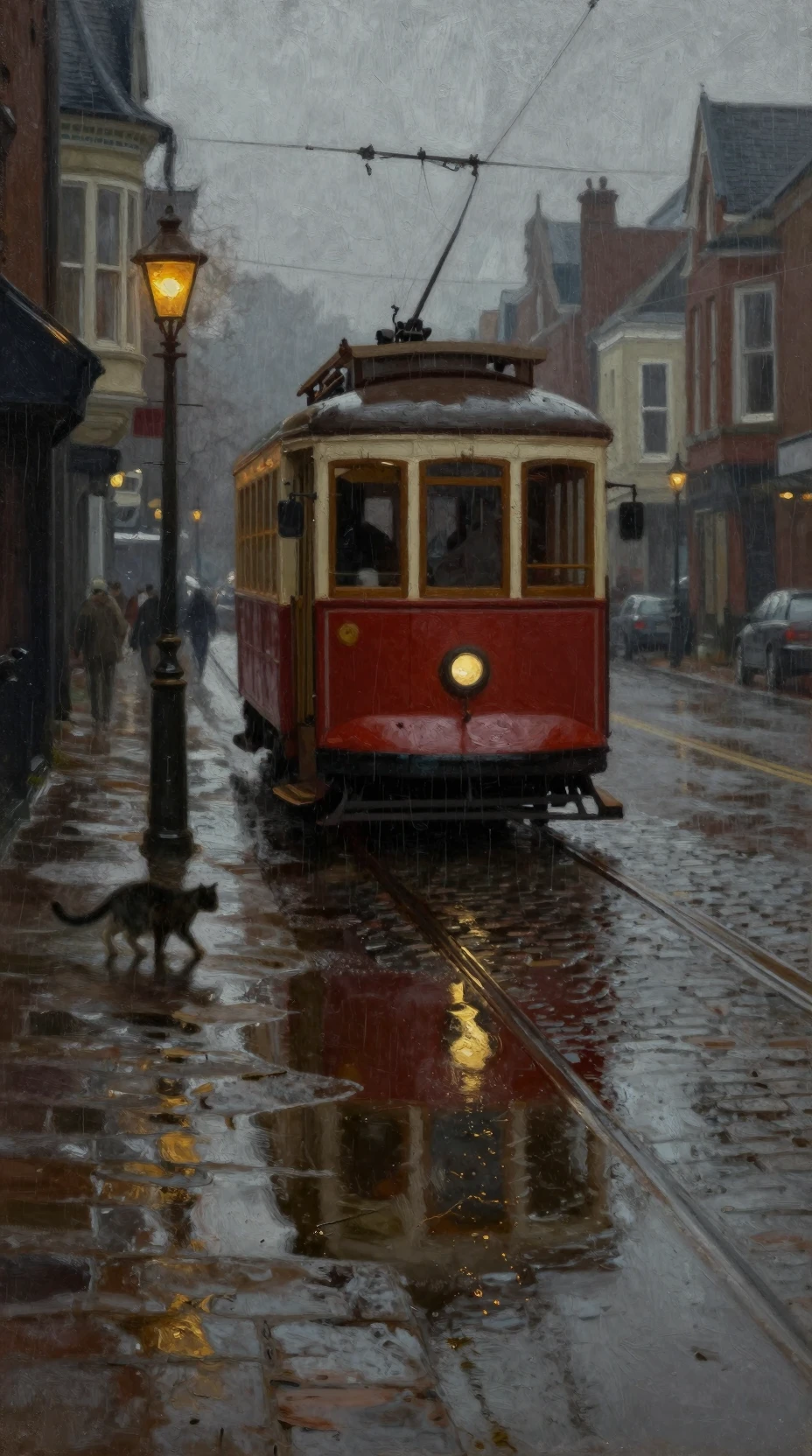 Vieux tramway reflété dans une rue pavée sous la pluie la nuit
