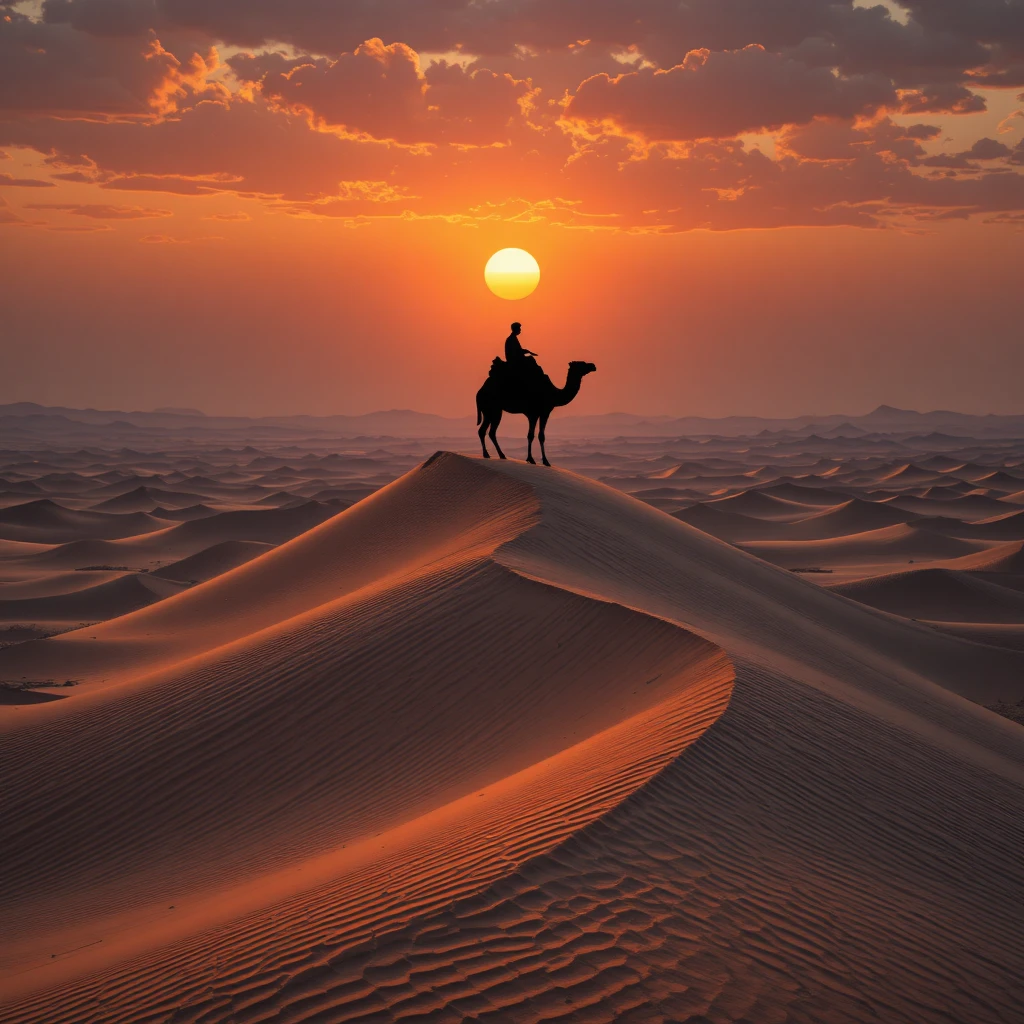 Silhouette di Cammello su Duna del Deserto al Tramonto Arancione Fiammeggiante