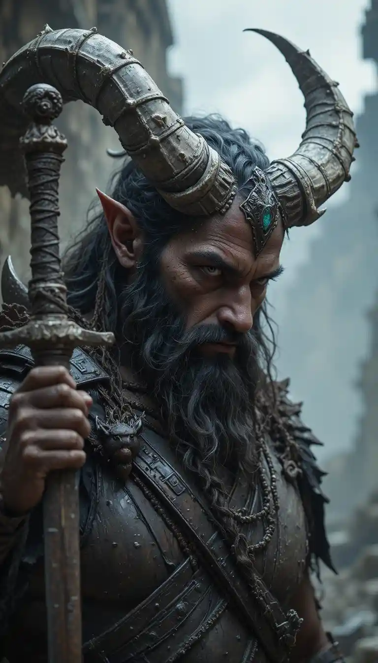 Close up portrait of a horned demon warrior with sword
