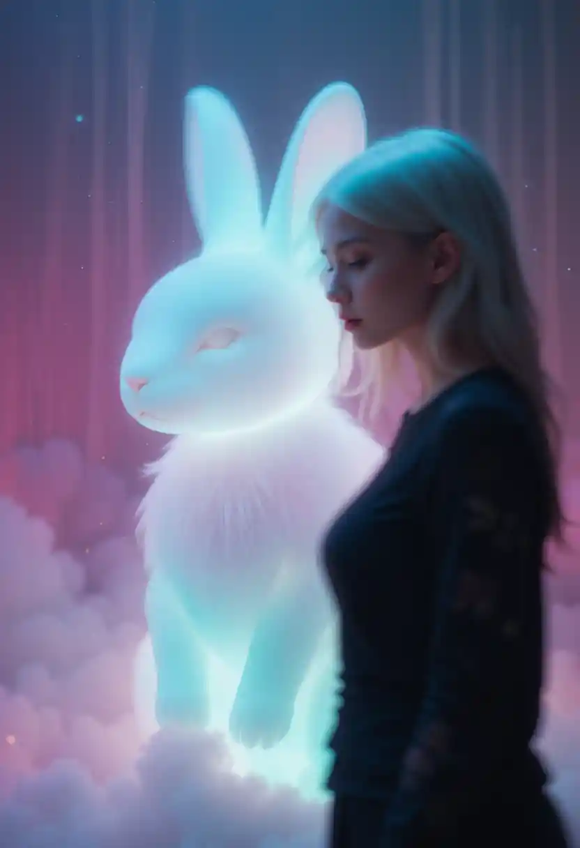 Blurry figure and glowing rabbit in a dreamy abstract space