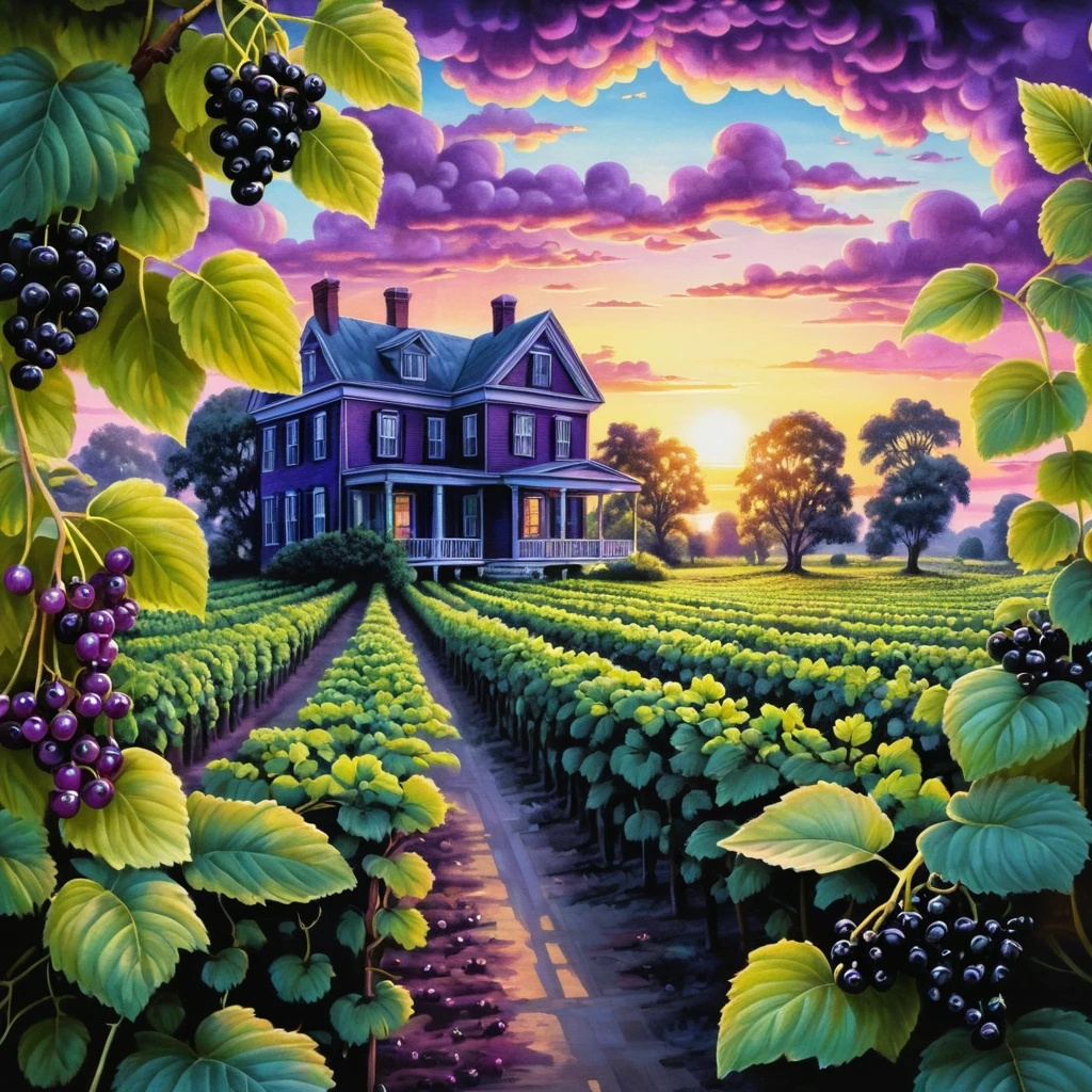 Plantation surréaliste de cassis à l’aube dans des tons violets brillants