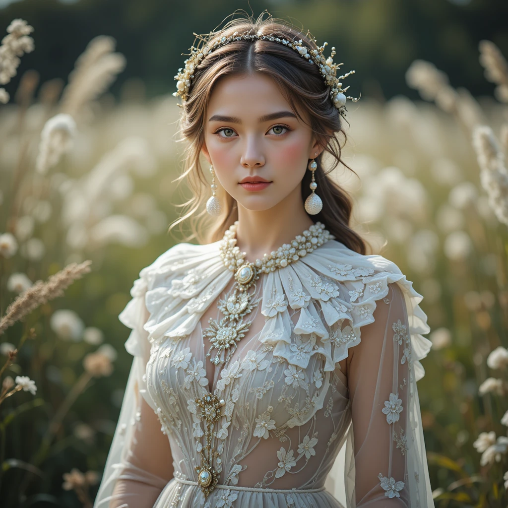 Young woman in ornate dress standing in sunlit field