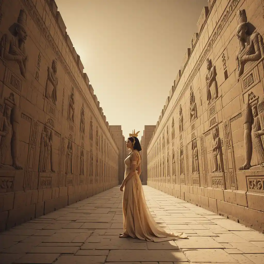 Ancient Egyptian corridor with regal woman in sacred passage