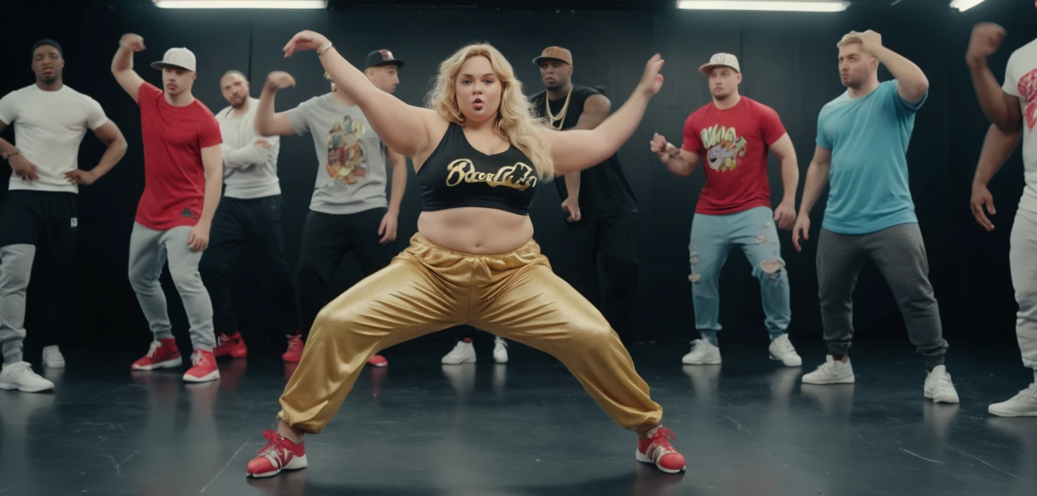 Blonde woman in wacky outfit dancing hip hop in studio