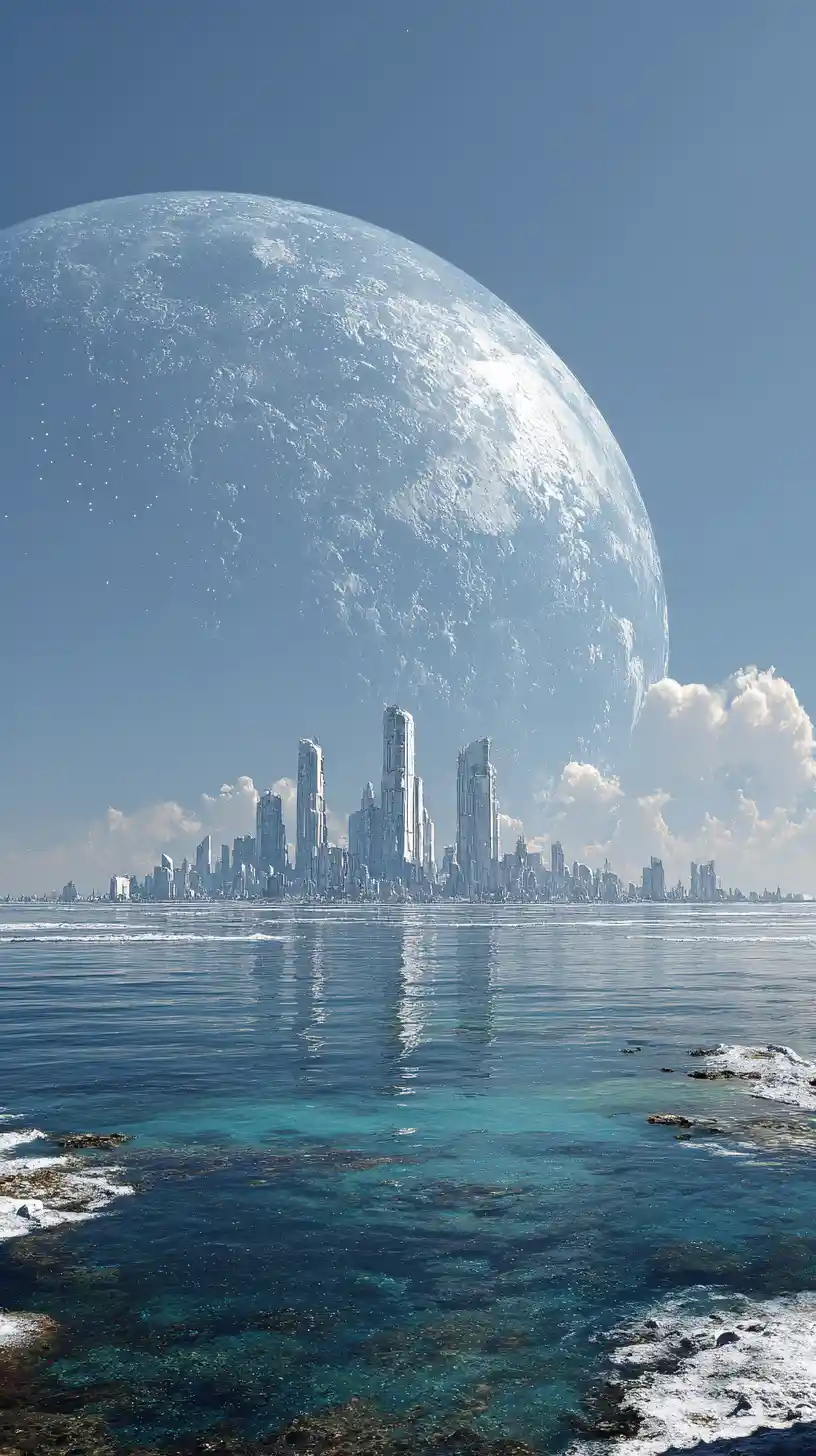 Futuristic alien ocean city under a vast galactic sky