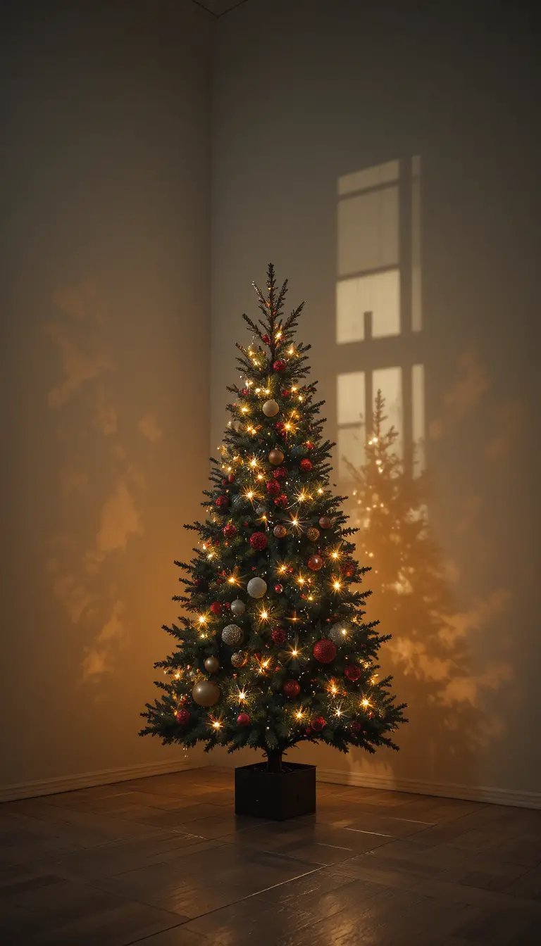 Albero di Natale che proietta un'ombra a forma di croce in una luce calda