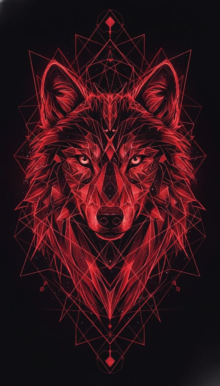 Rosto de lobo oculto em ilusão de ótica geométrica vermelha