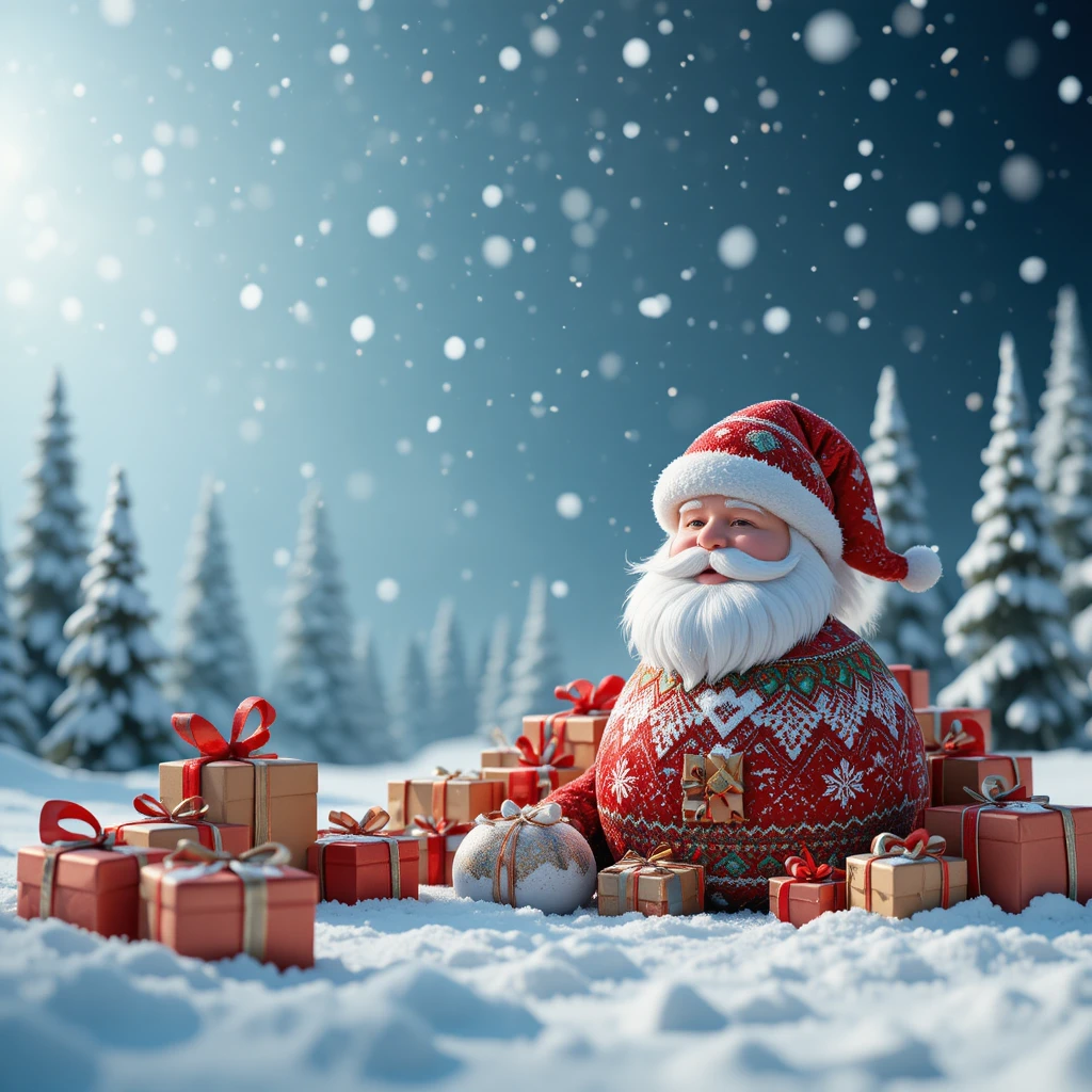 Papai Noel em pé na neve caindo com muitos presentes