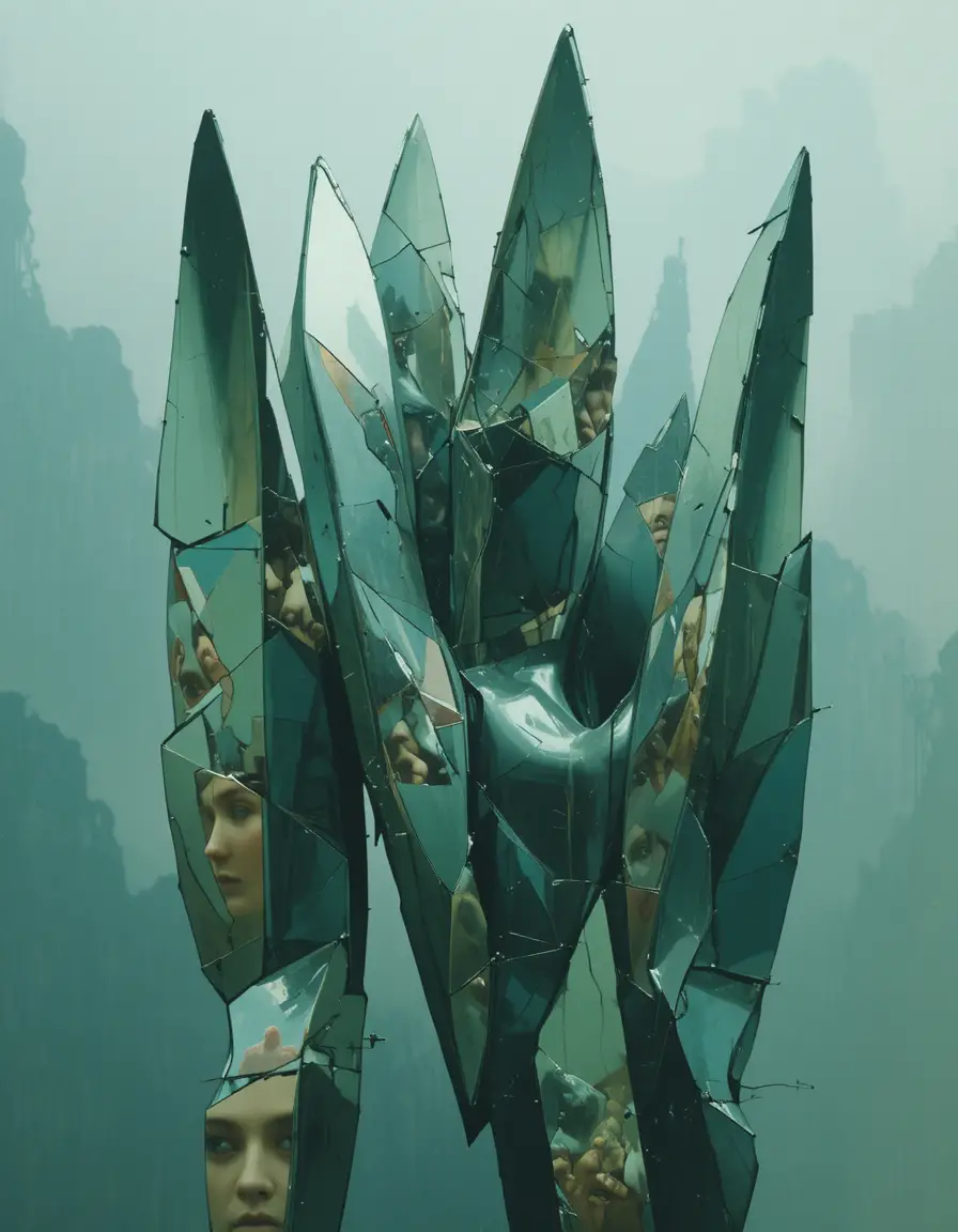Surreal abstract shards reflecting fractured and distorted forms