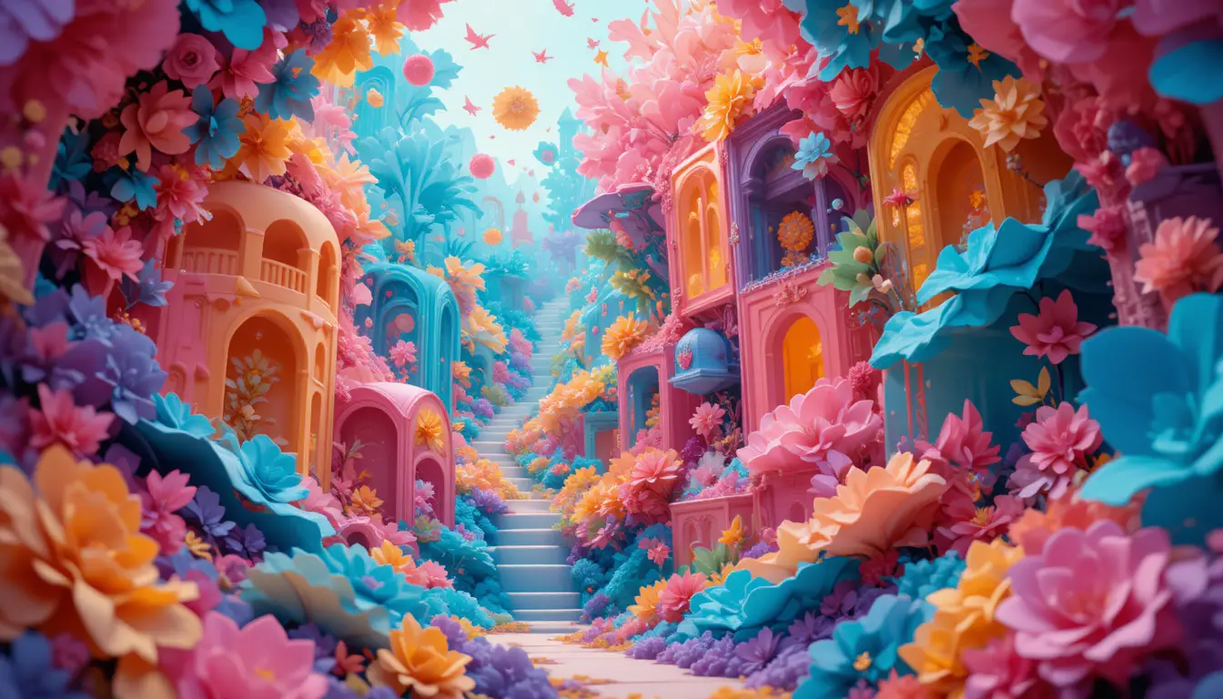 Collage di papercraft multicolore fantasioso con forme fluttuanti a strati