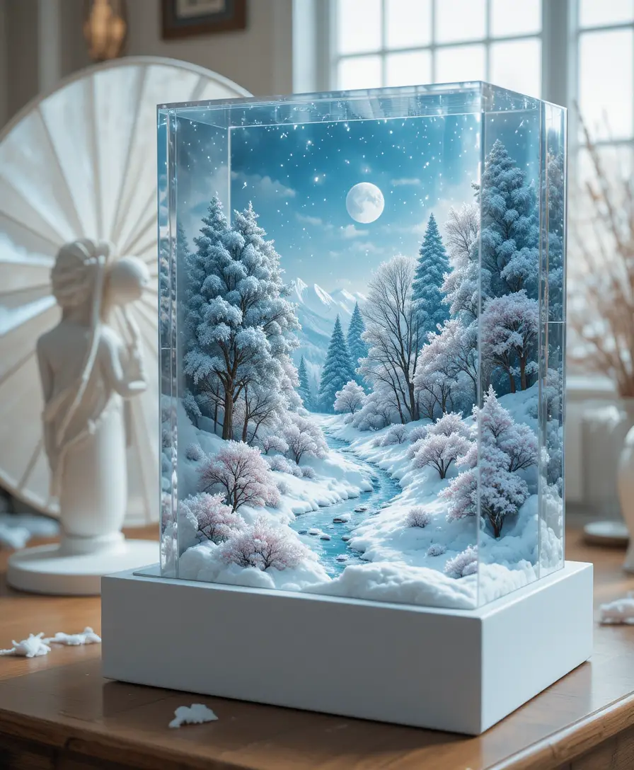 Paesaggio invernale incantato 3D dipinto su una scatola regalo di vetro