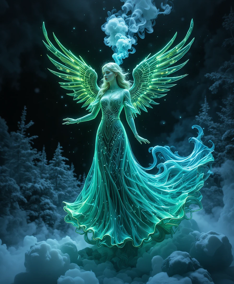 Mão de anjo transparente no vidro em uma paisagem de inverno