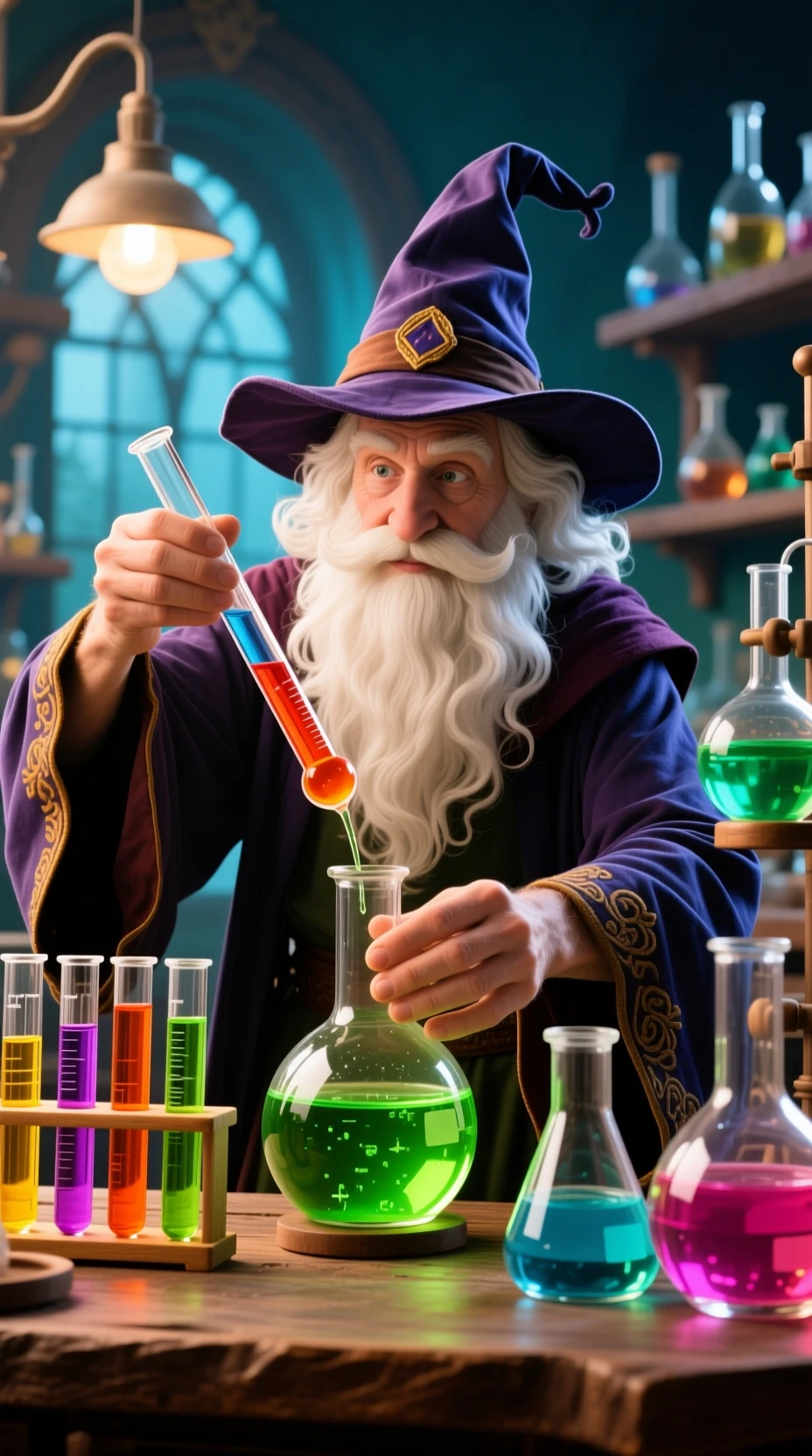 Mago Merlin preparando uma poção colorida em laboratório arcano