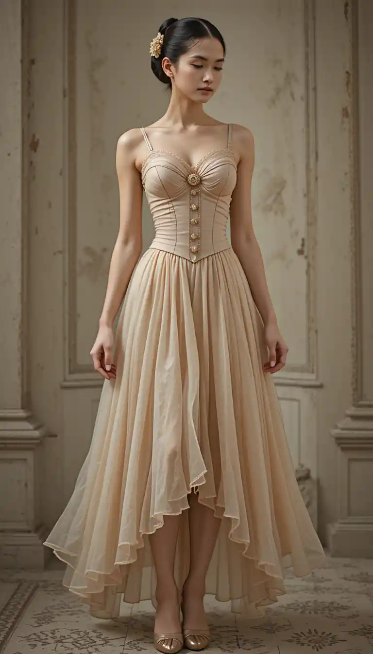 Ethereal champagne midi dress with corset bodice and sheer skirt