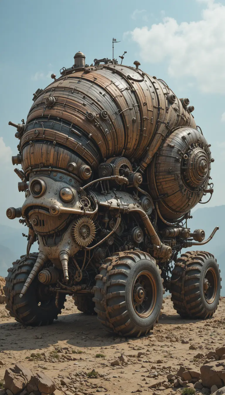 Steampunk monster truck fused with a colossal snail shell