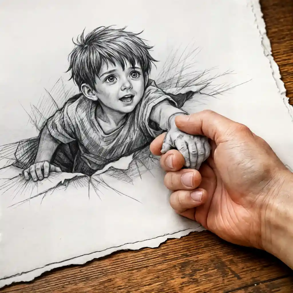 Curious child peeking through a broken wall drawing