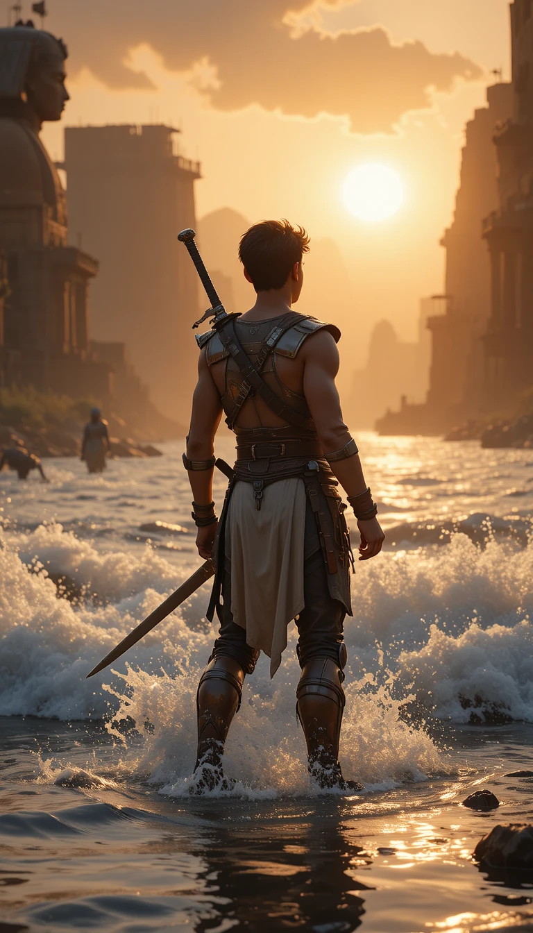 Jeune guerrier entrant dans le Nil au coucher du soleil