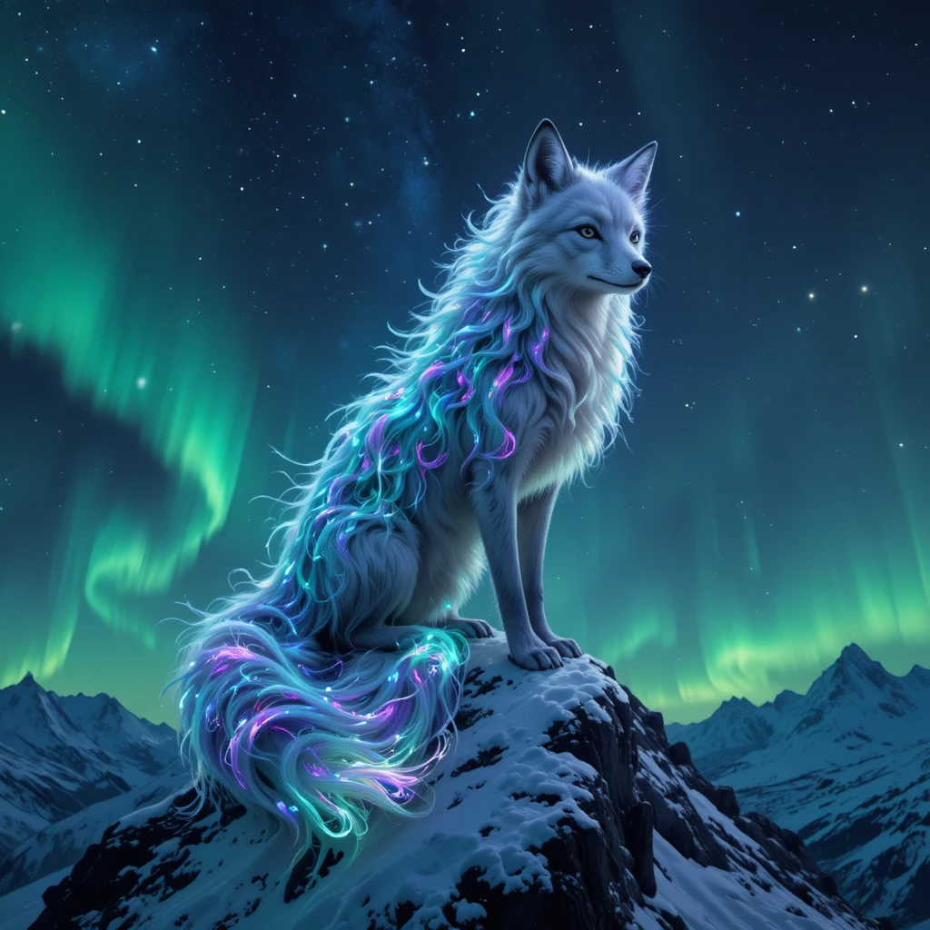 Renard mystique d’aurore au sommet d’une montagne enneigée de nuit