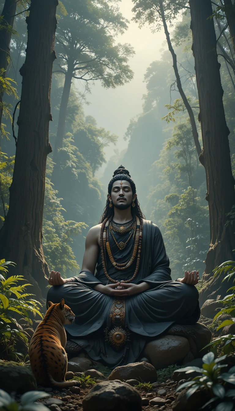Divine ascetic meditating in a misty mountain forest