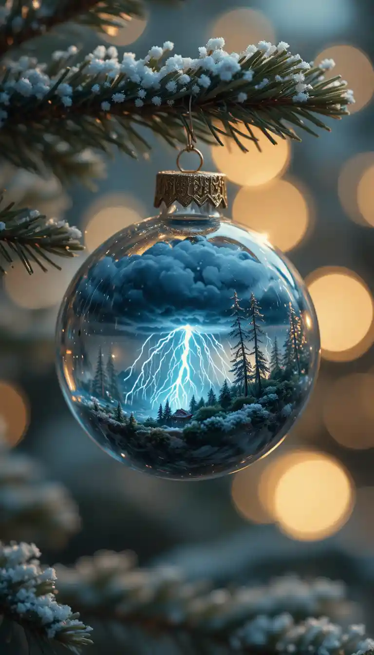 Tiny thunderstorm glowing inside a glass christmas ornament